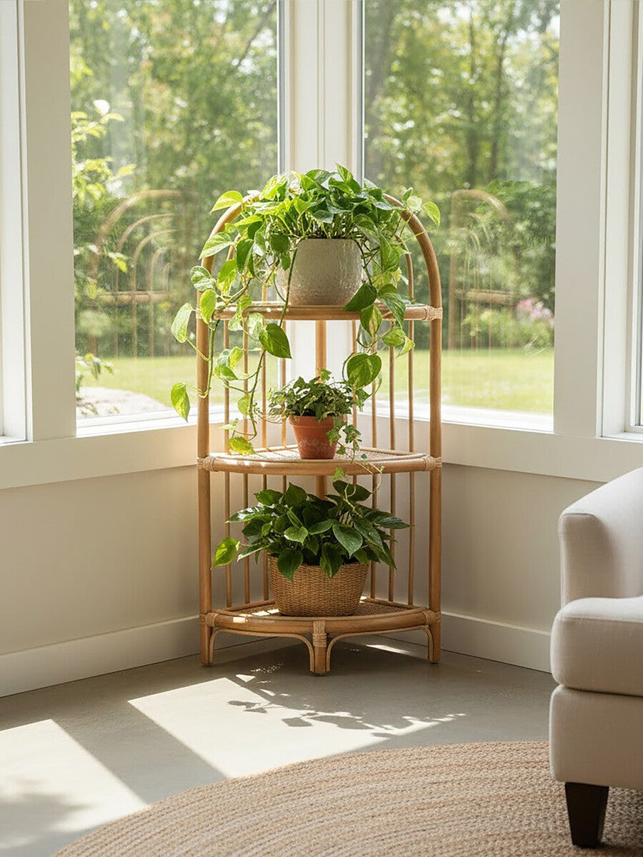 Three Tier Natural Rattan Corner Shelf Unit