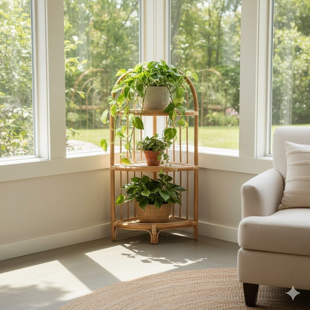 Three Tier Natural Rattan Corner Shelf Unit
