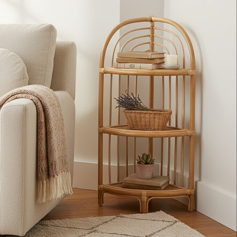 Three Tier Natural Rattan Corner Shelf Unit