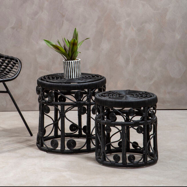 Black Natural Rattan Set of 2 Tables