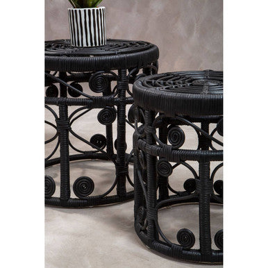 Black Natural Rattan Set of 2 Tables