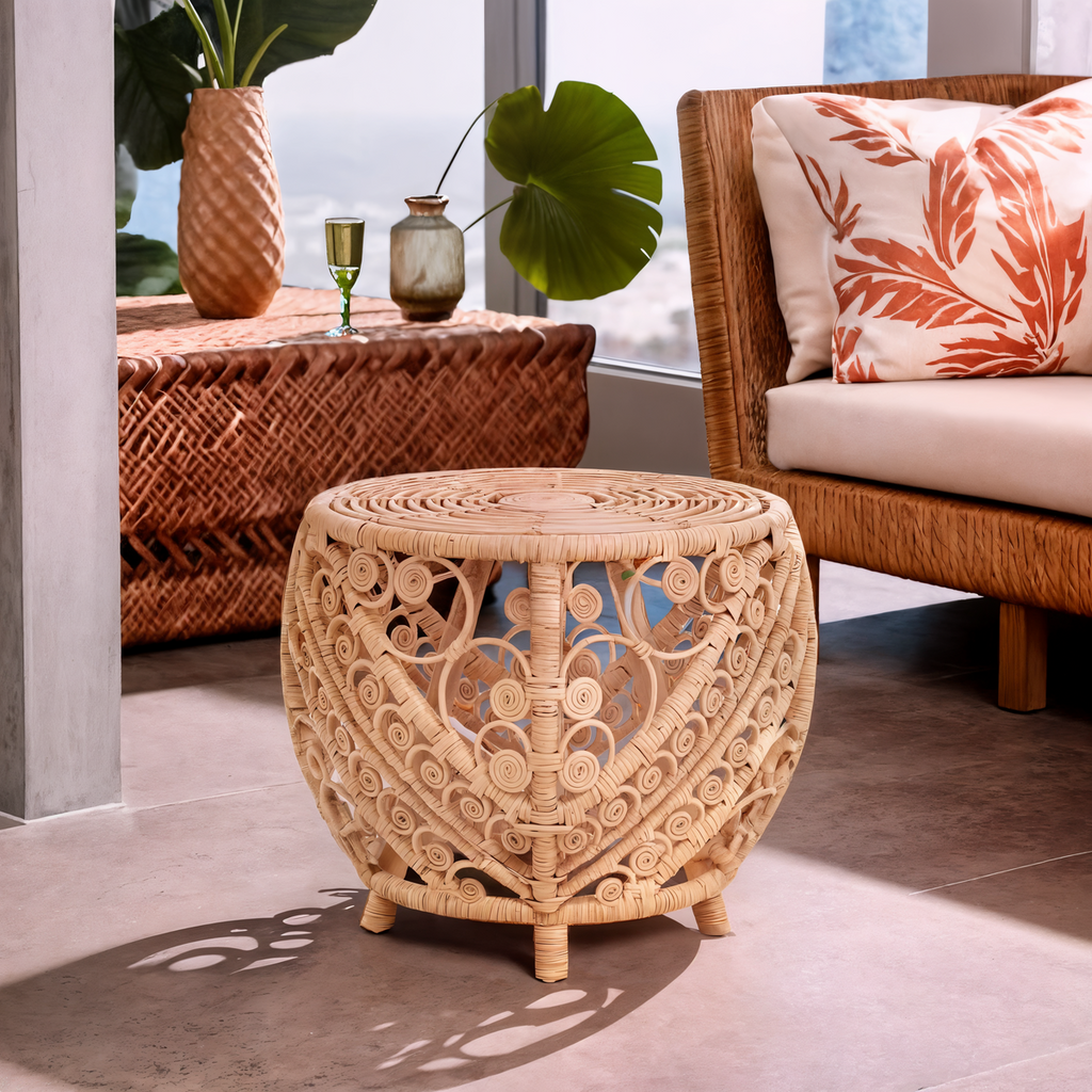 Large Natural Rattan Round Side Table