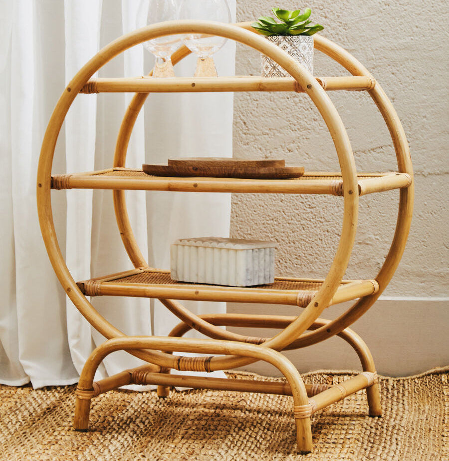 Three Tier Natural Rattan Round Shelf Unit