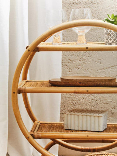 Three Tier Natural Rattan Round Shelf Unit