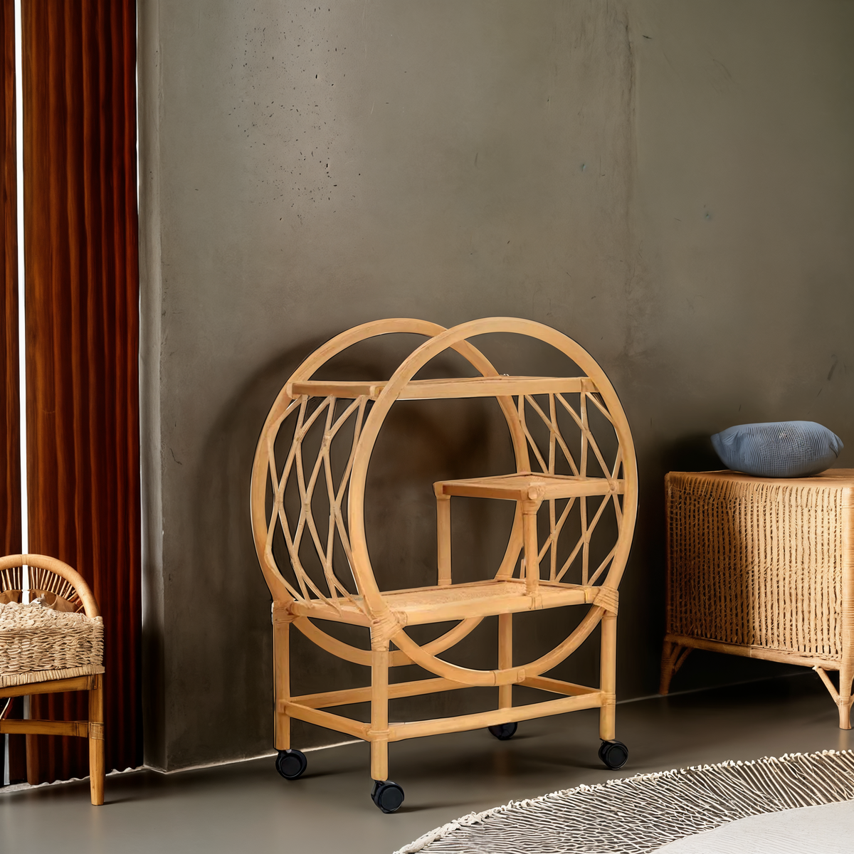 Three Tier Rattan Bar Trolley in Natural Finish