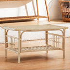 Natural Rattan Rectangular Coffee Table with Lower Storage Shelf