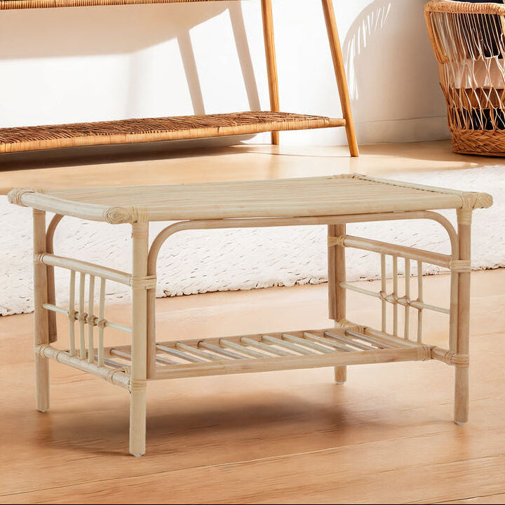 Natural Rattan Rectangular Coffee Table with Lower Storage Shelf
