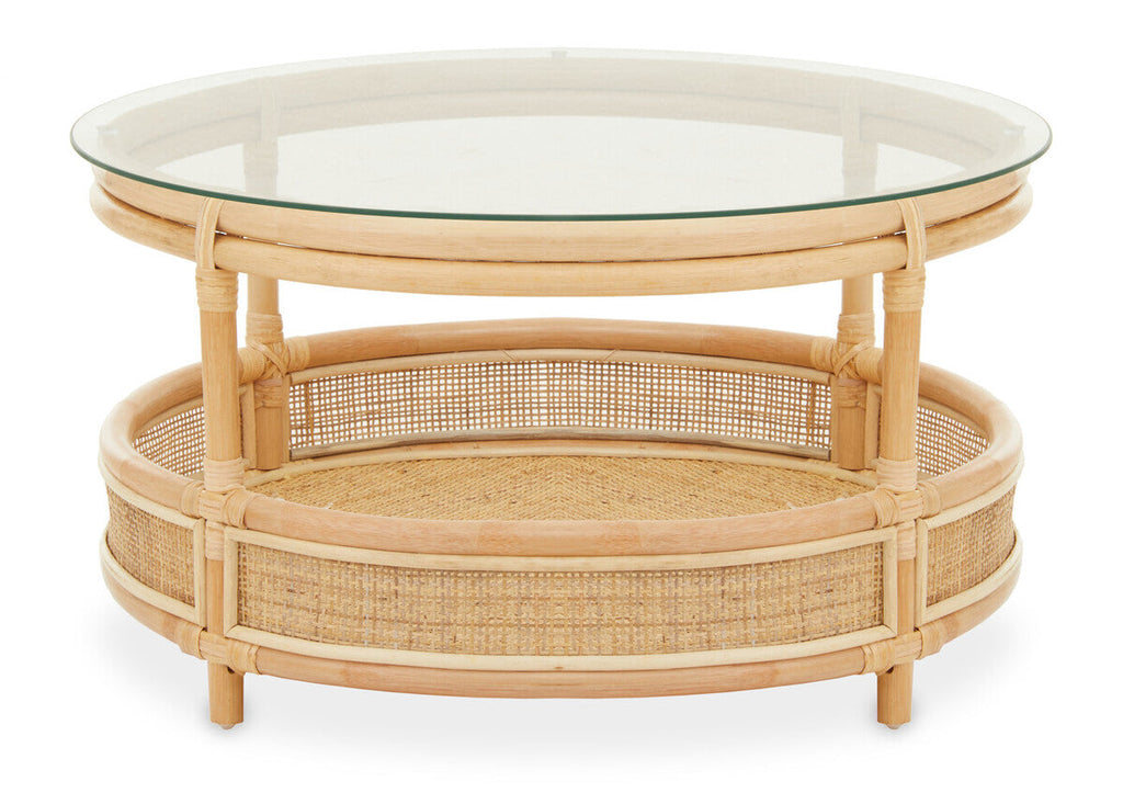 Clear Glass Top Natural Rattan Round Coffee Table with Lower Storage Shelf