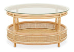 Clear Glass Top Natural Rattan Round Coffee Table with Lower Storage Shelf