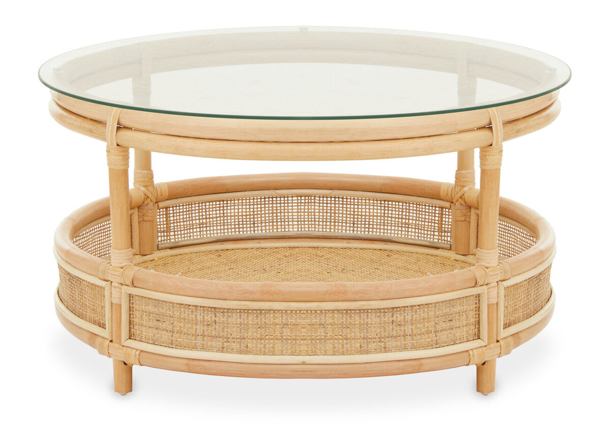 Clear Glass Top Natural Rattan Round Coffee Table with Lower Storage Shelf