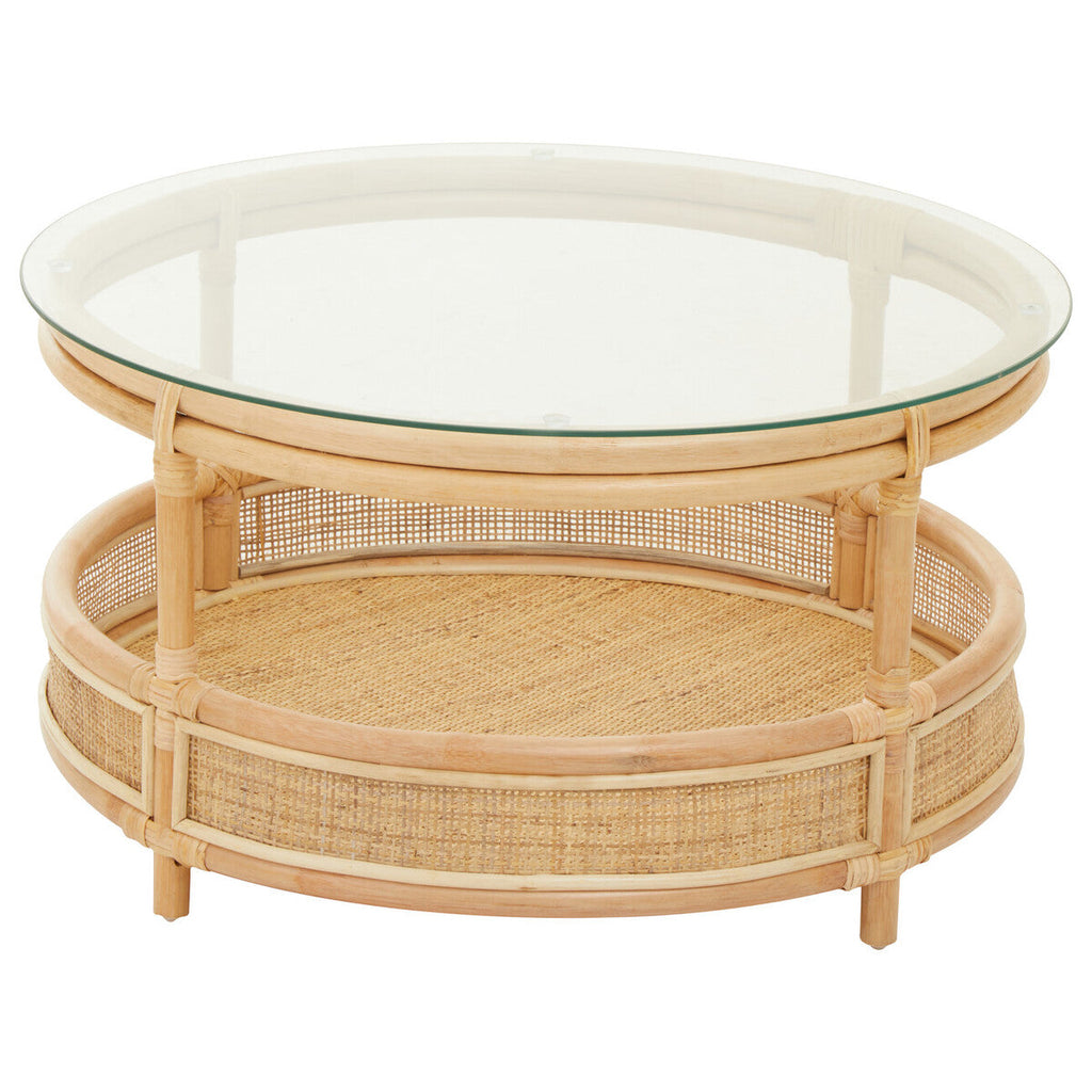 Clear Glass Top Natural Rattan Round Coffee Table with Lower Storage Shelf
