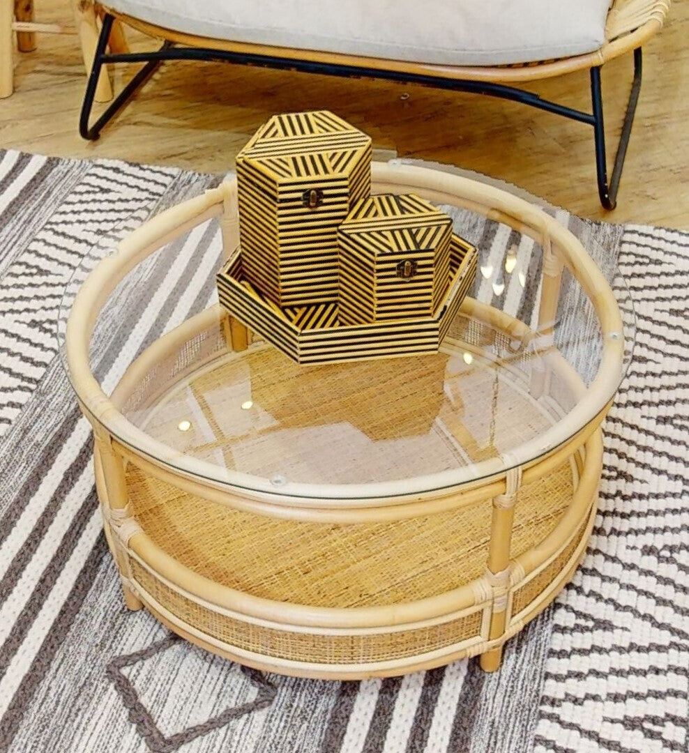 Clear Glass Top Natural Rattan Round Coffee Table with Lower Storage Shelf