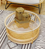 Clear Glass Top Natural Rattan Round Coffee Table with Lower Storage Shelf