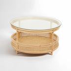 Clear Glass Top Natural Rattan Round Coffee Table with Lower Storage Shelf