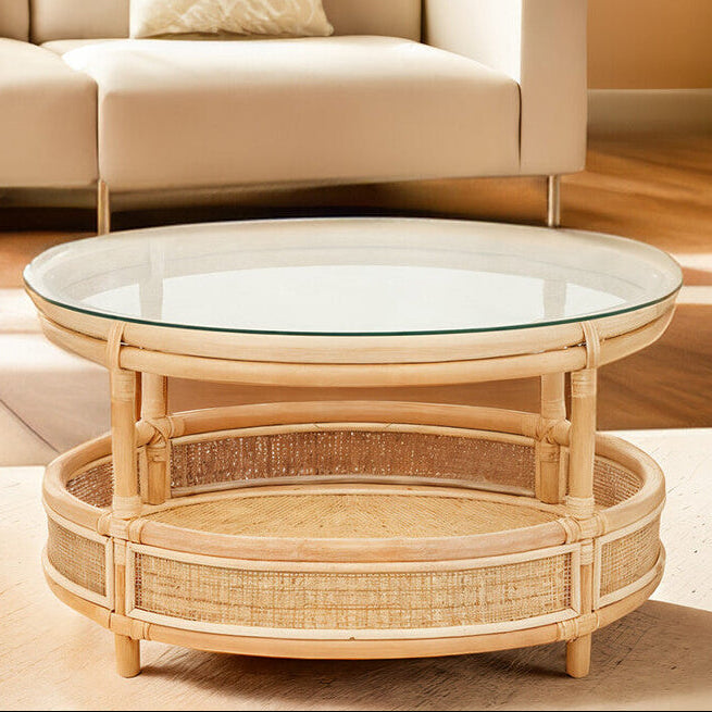 Clear Glass Top Natural Rattan Round Coffee Table with Lower Storage Shelf