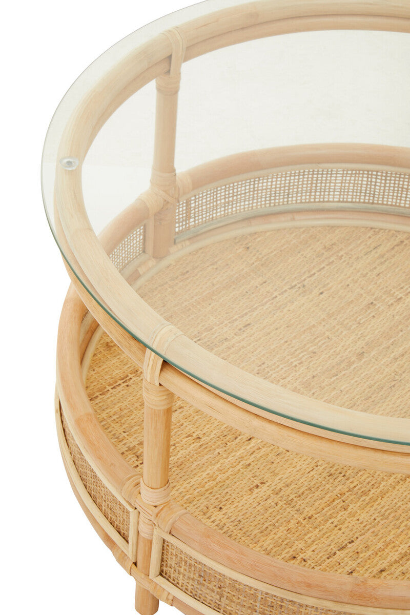 Clear Glass Top Natural Rattan Round Coffee Table with Lower Storage Shelf