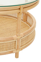 Clear Glass Top Natural Rattan Round Coffee Table with Lower Storage Shelf