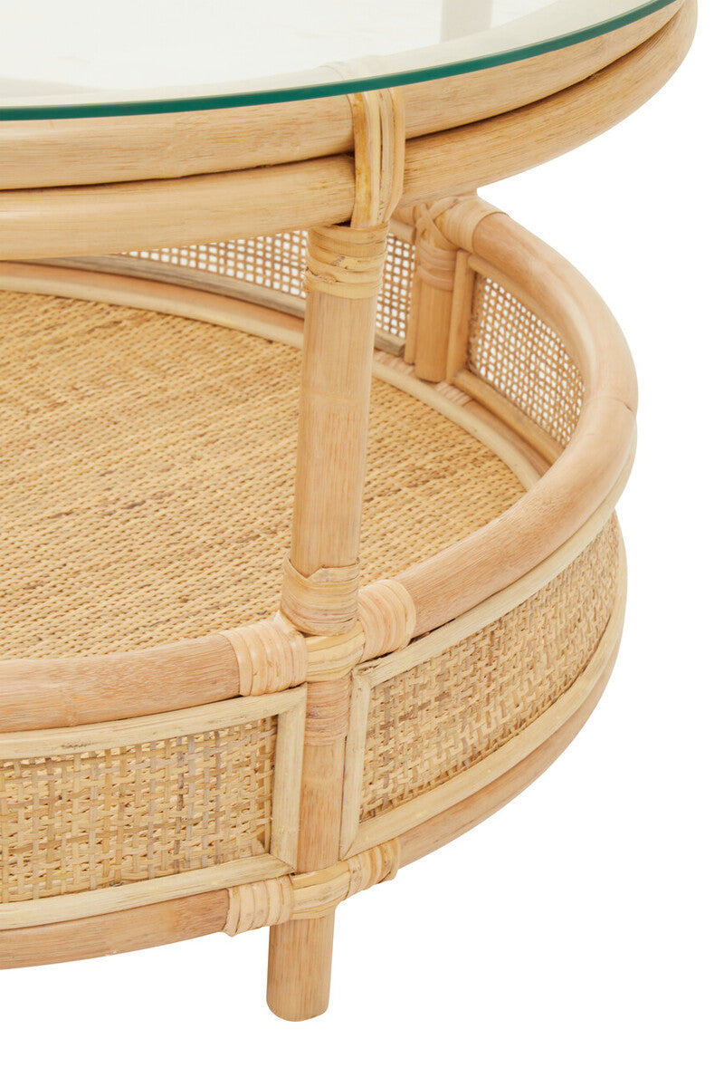 Clear Glass Top Natural Rattan Round Coffee Table with Lower Storage Shelf