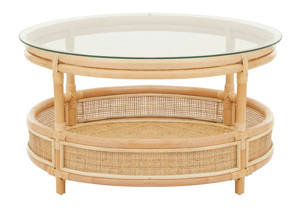 Clear Glass Top Natural Rattan Round Coffee Table with Lower Storage Shelf