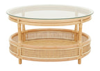 Clear Glass Top Natural Rattan Round Coffee Table with Lower Storage Shelf