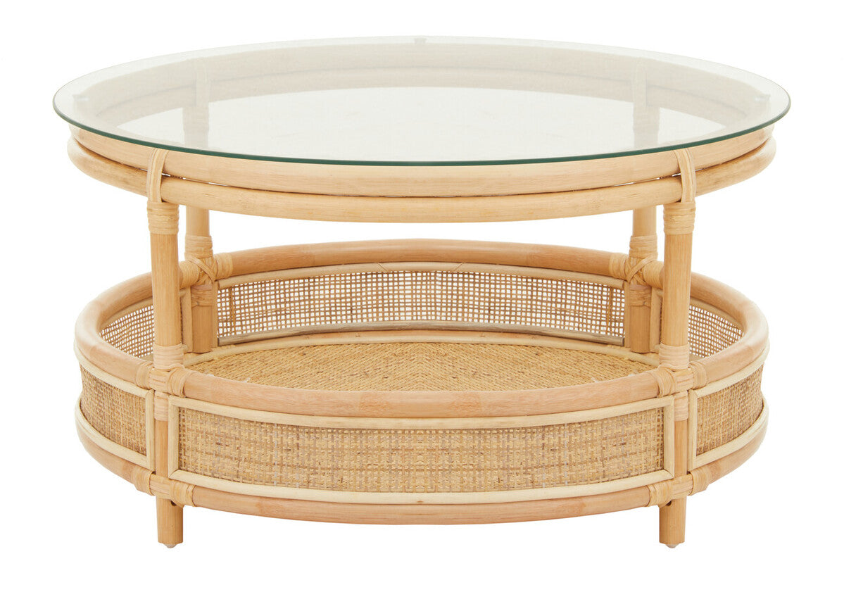 Clear Glass Top Natural Rattan Round Coffee Table with Lower Storage Shelf