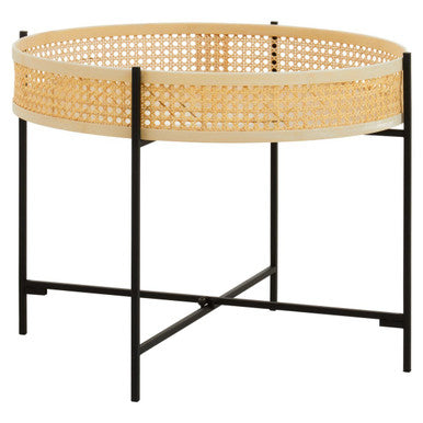 Natural Rattan Tray Coffee Table with Black Finish Metal Base