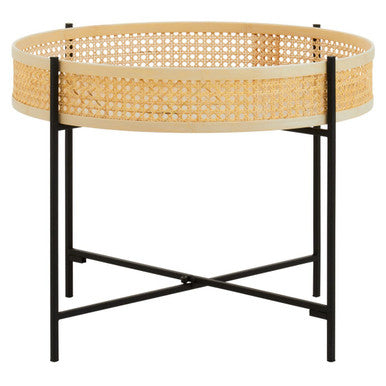 Natural Rattan Tray Coffee Table with Black Finish Metal Base