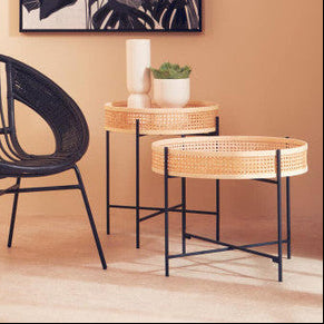 Natural Rattan Tray Coffee Table with Black Finish Metal Base