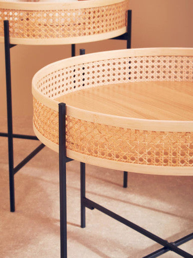 Natural Rattan Tray Coffee Table with Black Finish Metal Base