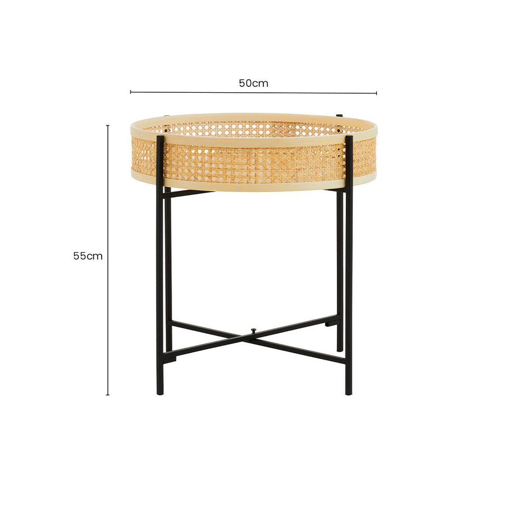 Natural Rattan Tray Side Table with Black Finish Metal Base