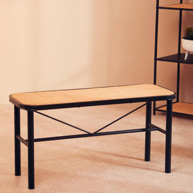 Natural Rattan and Black Finish Metal Bench
