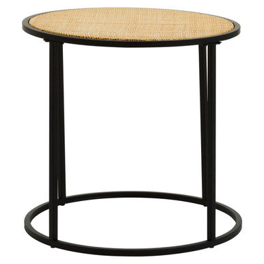 Natural Rattan and Black Finish Metal Round Side Table