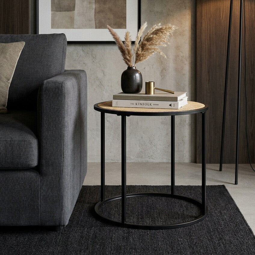 Natural Rattan and Black Finish Metal Round Side Table