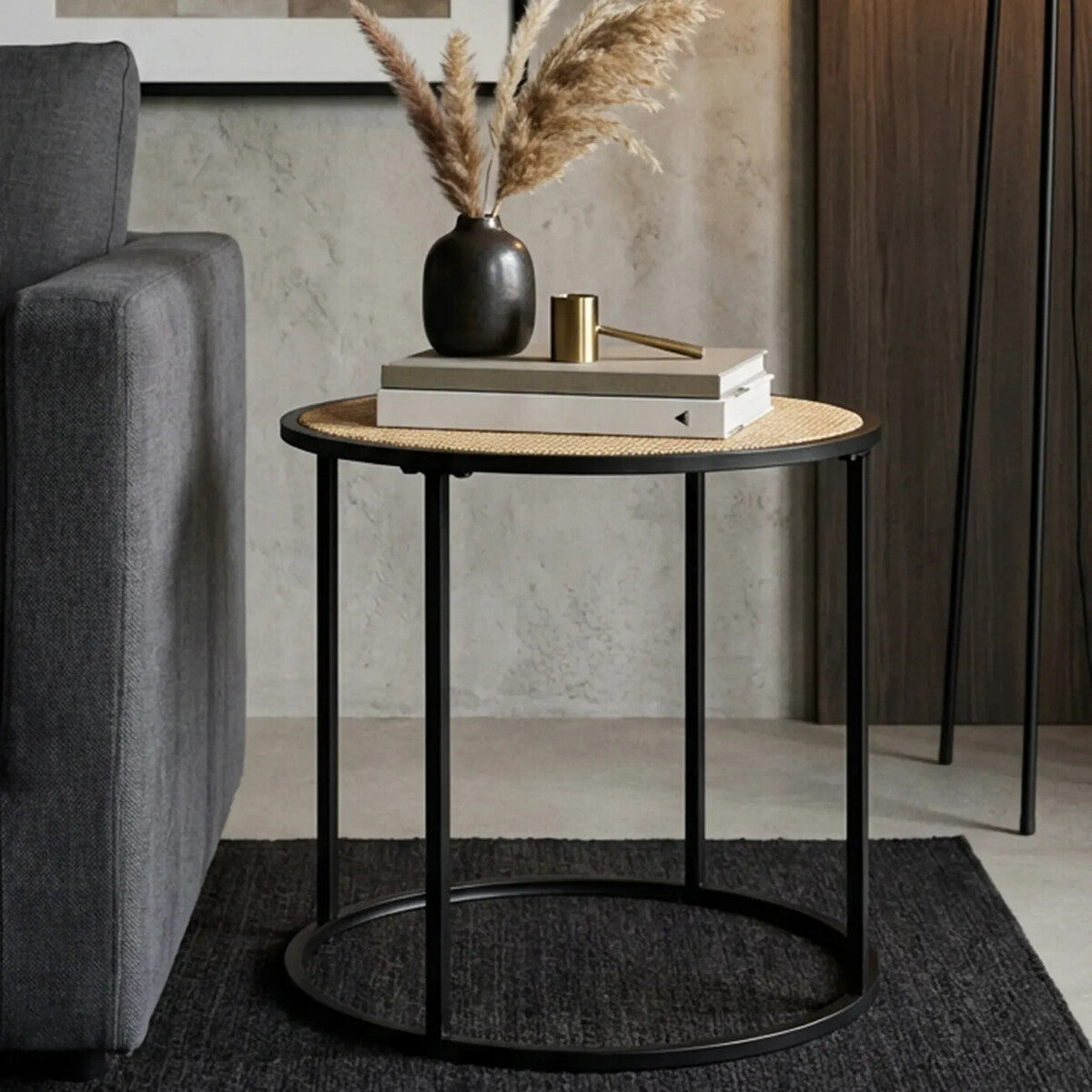Natural Rattan and Black Finish Metal Round Side Table