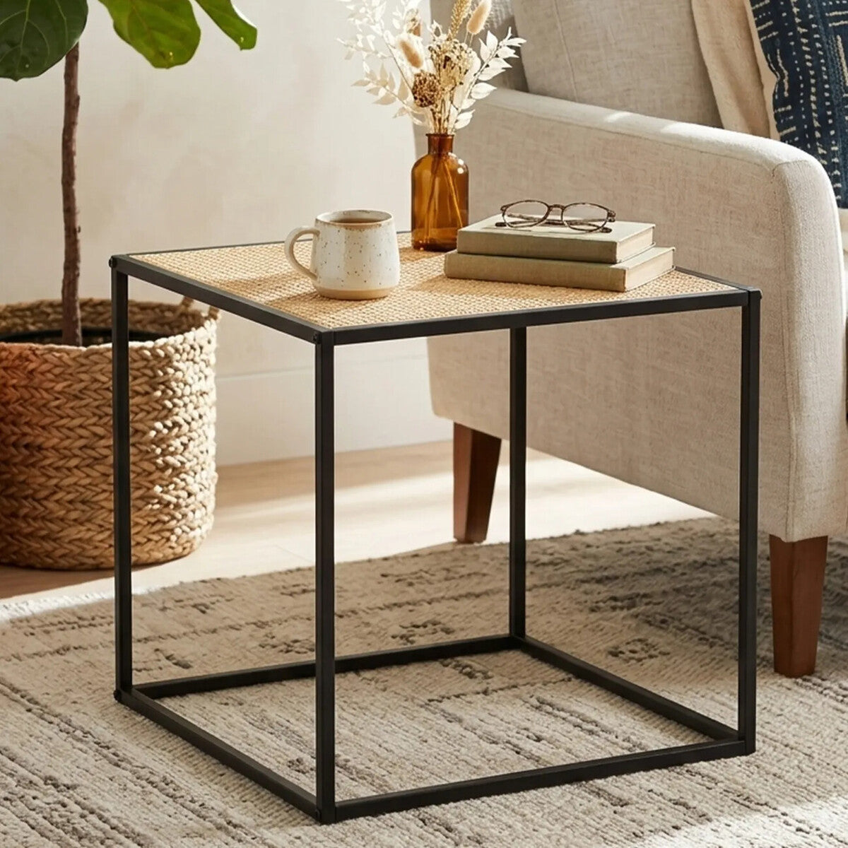 Natural Rattan and Black Finish Metal Square Side Table