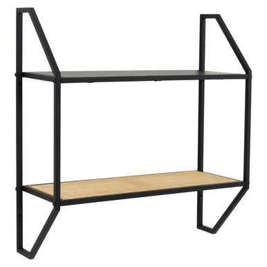 Natural Rattan and Black Finish Metal 2 Tier Wall Shelf