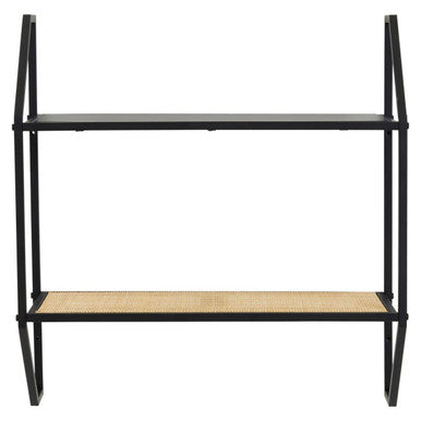 Natural Rattan and Black Finish Metal 2 Tier Wall Shelf