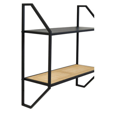 Natural Rattan and Black Finish Metal 2 Tier Wall Shelf