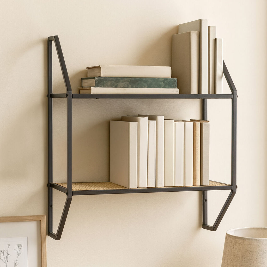 Natural Rattan and Black Finish Metal 2 Tier Wall Shelf