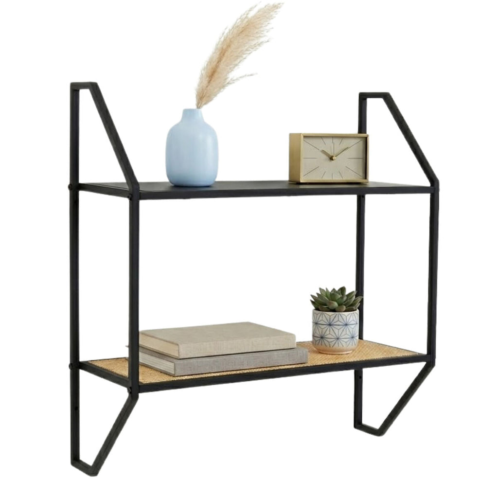 Natural Rattan and Black Finish Metal 2 Tier Wall Shelf