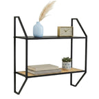 Natural Rattan and Black Finish Metal 2 Tier Wall Shelf