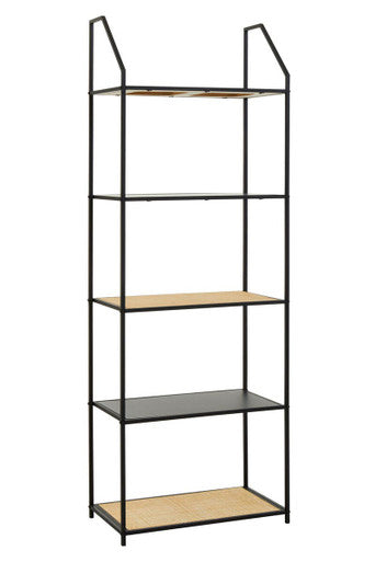 Natural Rattan and Black Finish Metal 5 Tier Shelf Unit