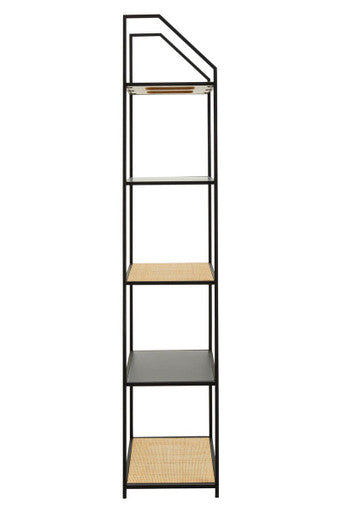 Natural Rattan and Black Finish Metal 5 Tier Shelf Unit