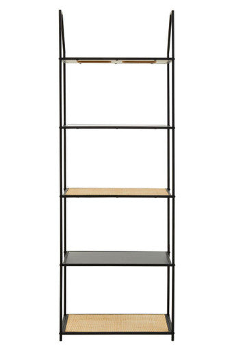 Natural Rattan and Black Finish Metal 5 Tier Shelf Unit