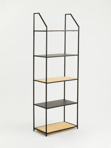 Natural Rattan and Black Finish Metal 5 Tier Shelf Unit