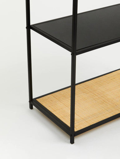 Natural Rattan and Black Finish Metal 5 Tier Shelf Unit
