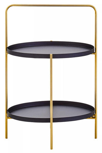 Black Rounded Shelves Two-Tier Side Table with Gold Iron Stand