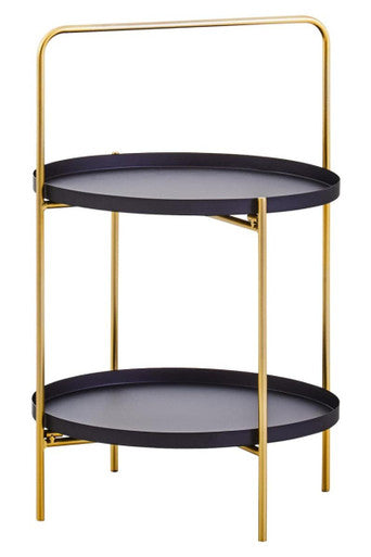 Black Rounded Shelves Two-Tier Side Table with Gold Iron Stand
