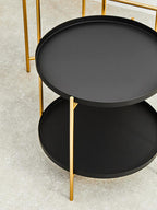 Black Rounded Shelves Two-Tier Side Table with Gold Iron Stand