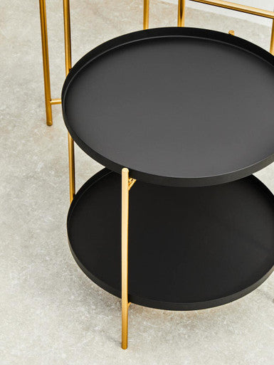 Black Rounded Shelves Two-Tier Side Table with Gold Iron Stand